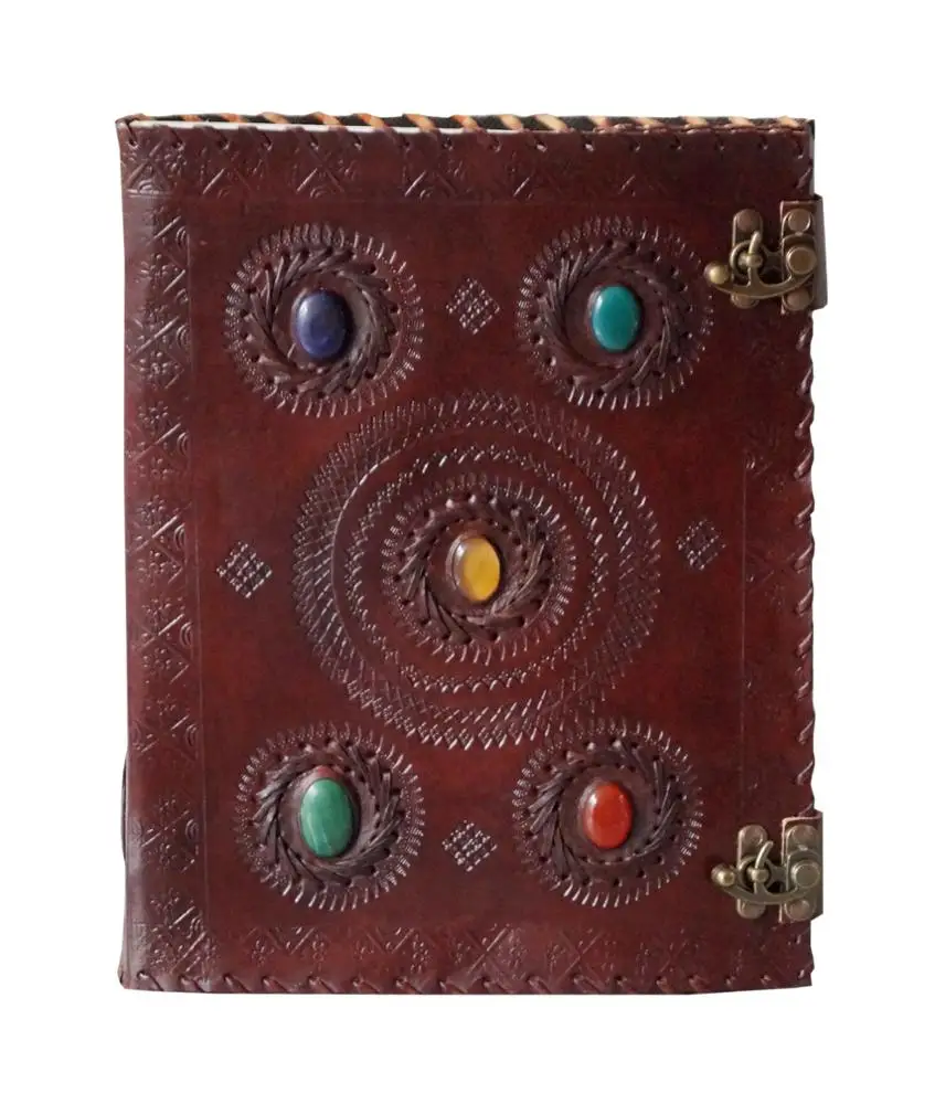 Chakra Notebook Office Supplies and Stationery School Supply Sketchbook Journal Embossed Five Stone Leather Gift Brown Hardcover