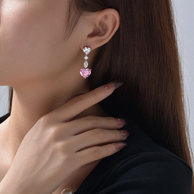 Pink Heart Earrings 925 Sterling Silver Ladies Heart Diamond Earrings
