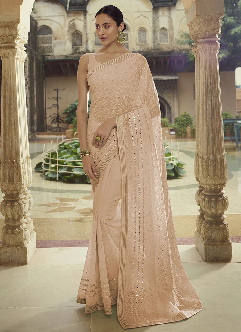 Designer Party Wear Georgette Thread Mirror Sequins Work Stylish Saree Collection