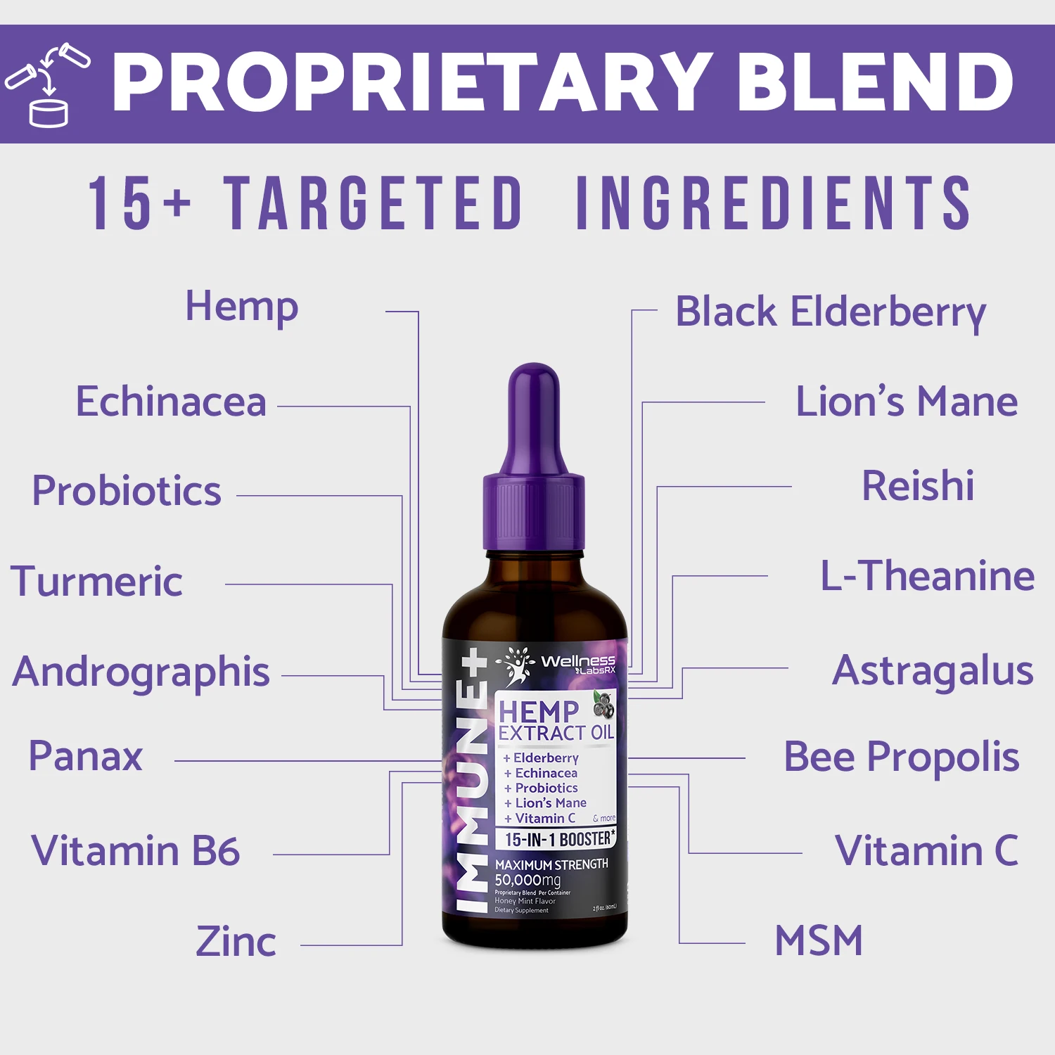 
Hemp Oil Extract Tincture Drops for Cold, Flu, Immune Support with Elderberrry, Echinacea, Probiotics, Zinc, Vitamin C 