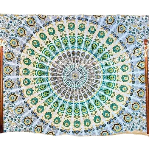 Indian Hippie Bohemian Psychedelic Peacock Mandala Wall Hanging Bedding Tapestry (Yellow Green)
