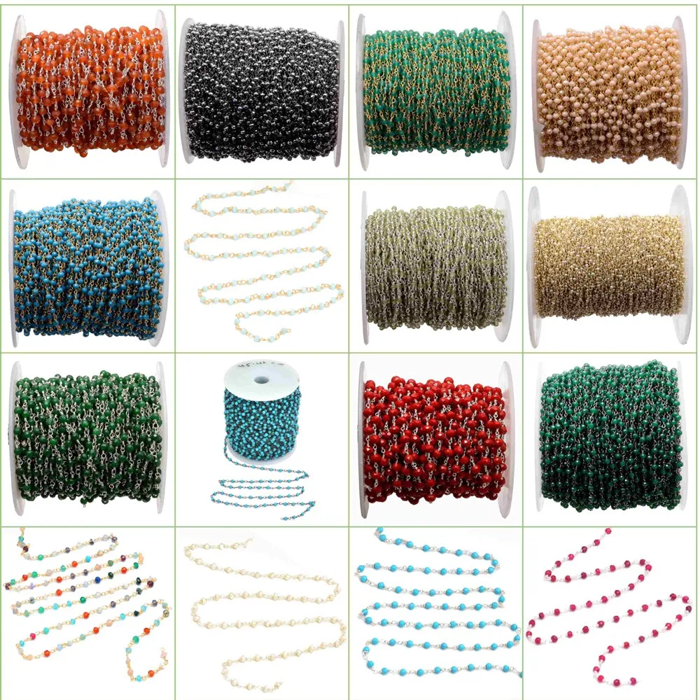 Green Onyx Gemstone 3 mm Rosary Beaded Chain 925 Sterling Silver Bulk Chain for Jewelry Making
