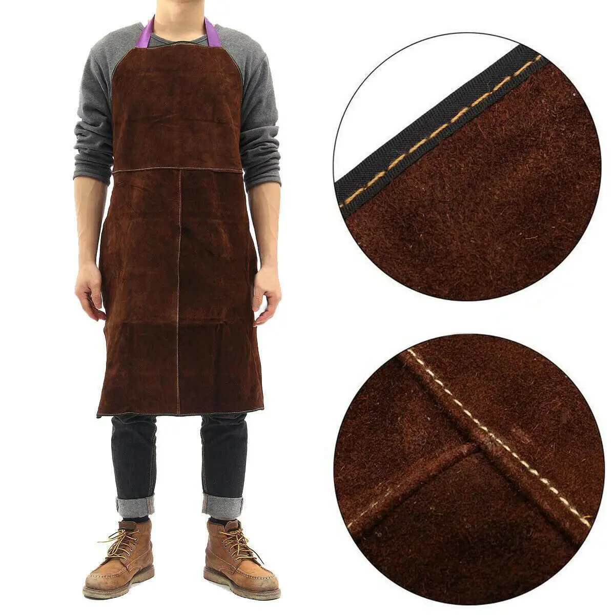 Cow Leather Welder Welding Protective Gear Apron Work Safety Workwear Bib Split With Neck Woven Strap