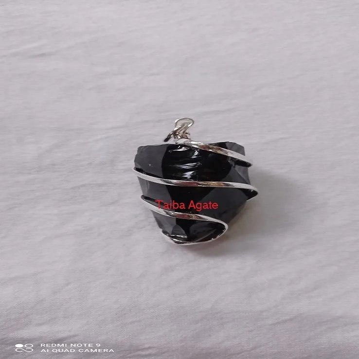 wholesale natural crystal  black obsidian rough stone wire wrapped  pendant:gemstone pendant:healing crystal stone:crafts