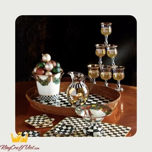 Handwoven Round Caro Ceramic Rattan Tray Serving Tray Food Basket Kitchen Decor Made by Vietnamese FBA Amazon