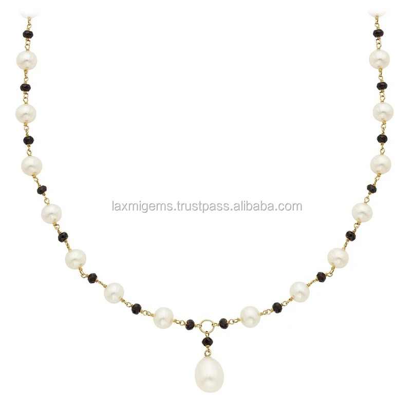 18K Gold Plated Choker Necklace Gold Queen Coin 925 Silver Pearl & Black onyx Beads Necklace
