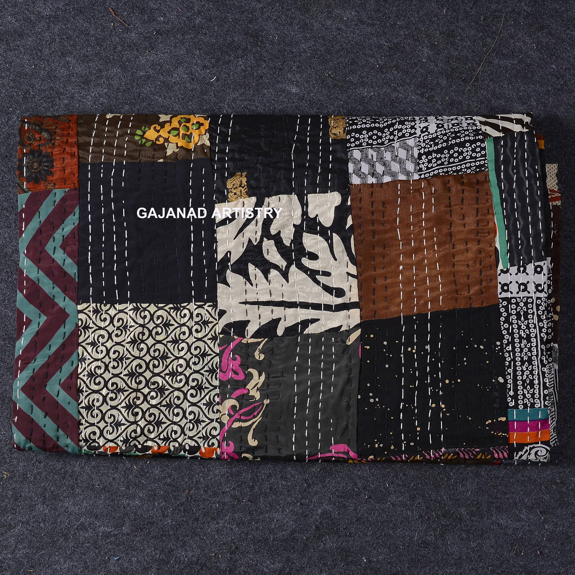 handmade kantha bedcover bedspread blanket coverlet patola silk patch work vintage indian quilt room decorative