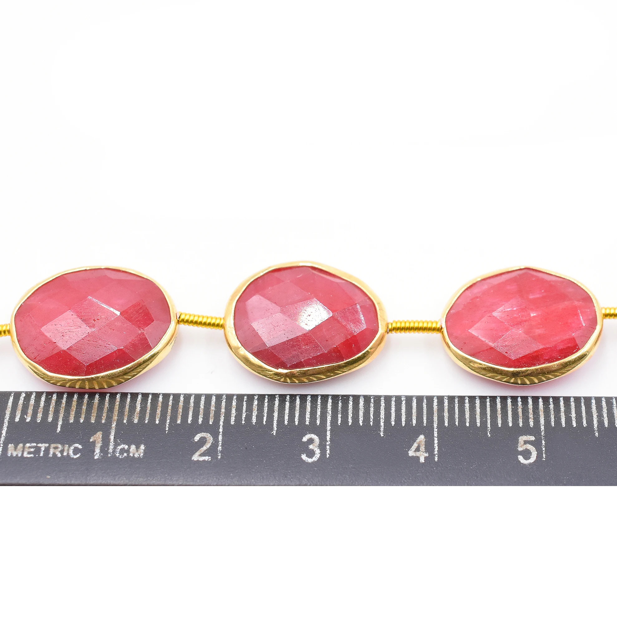 Ruby Oval Shape Silver Bezel Gold Plated Top Straight Drilled 10 Beads Strand