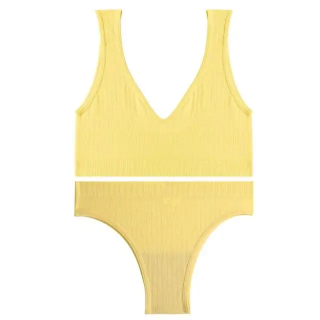 FINETOO Deep V Tops Panties Set Seamless Bralette Women M-XL Sexy Bra Set Backless Underwear Suit Girl Crop Top Underpants Set