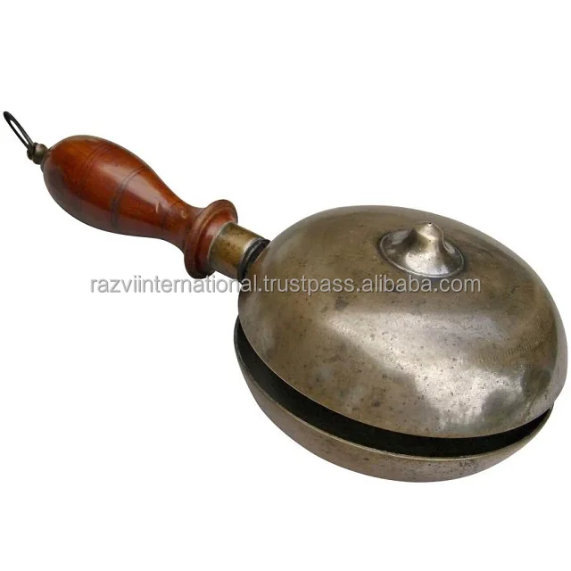 Metal brass shiny polished hand held bell wooden handle