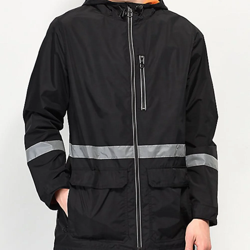 custom windbreaker high visibility men street wear Black with white reflective tape zipper