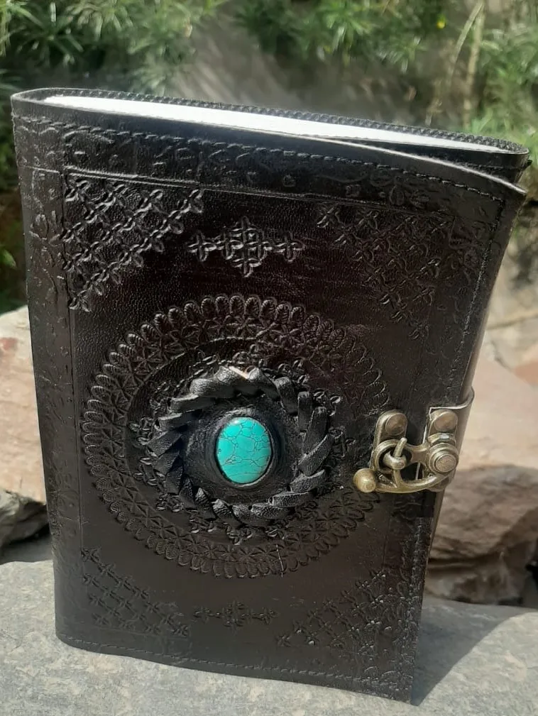 Handmade paper Leather Diary with lock, embossed mandala print with single stone with lock, travel notepad and dairy