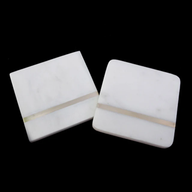 White natural marble Square coasters Pointed Edge Curve Edge stone mat set with gold brass inlay brass strip Green marble felt