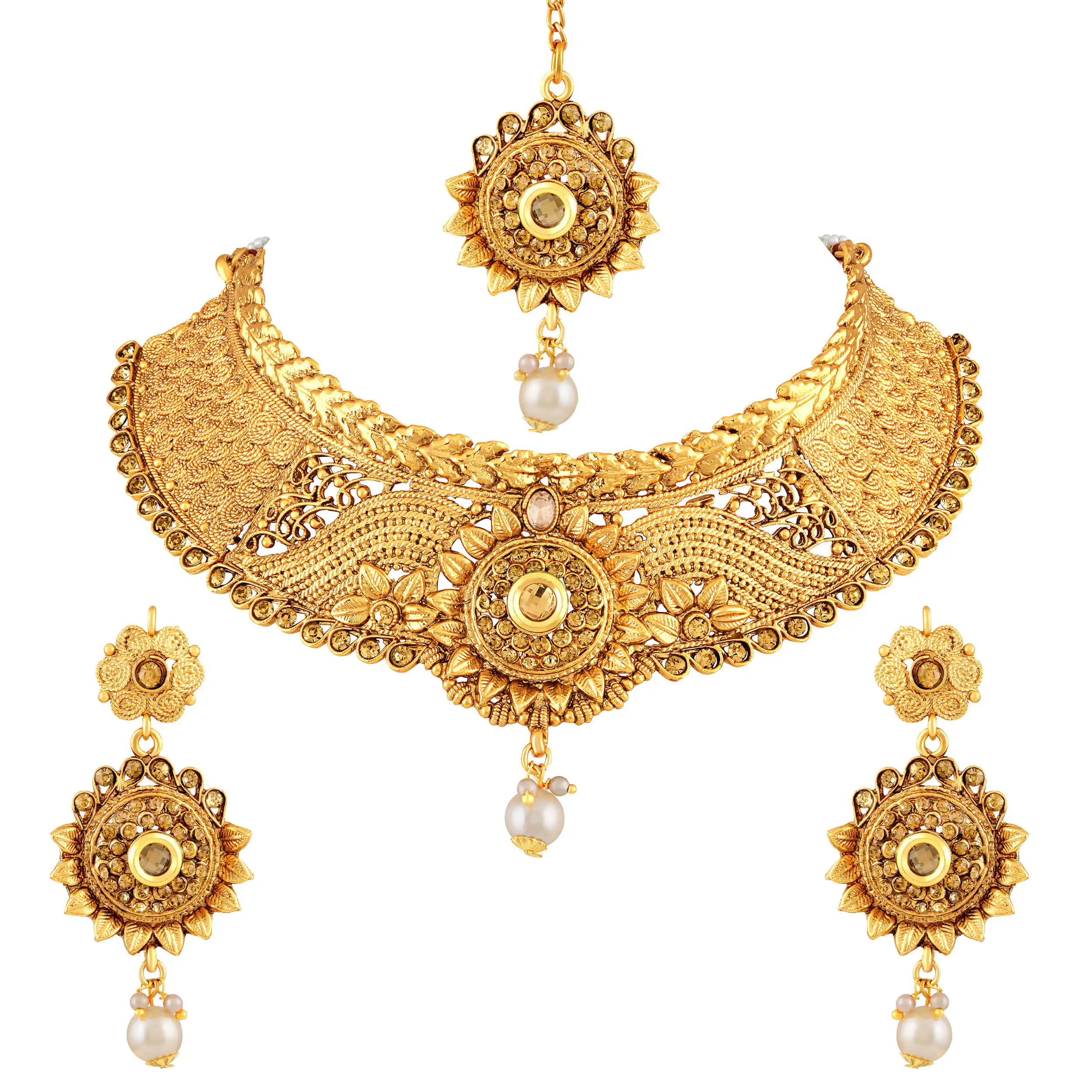 Traditional Elegant Gold plated Choker Style Kundan Necklace Set With Mangtikka Jewellery Necklace Set For Women