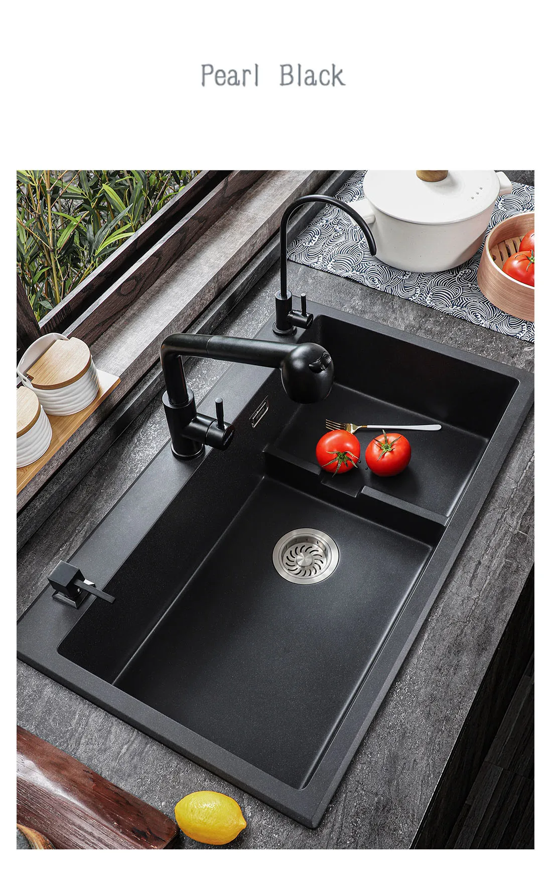luxury Ladder step fregaderos de cocina quartz stone black single kitchen sink