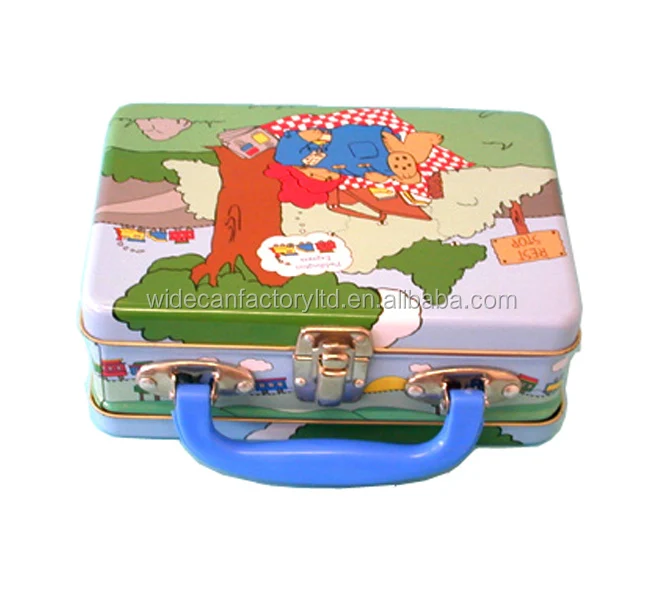 
stationery aluminium metal tin box container with handle and lock food grade custom design offset printing 