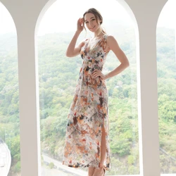 Ladies Autumn Beach Long Dress Sexy Side Split V Neck Printed Dress Party Cocktail Dress