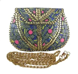 ETHNIC VINTAGE INDIAN MOSAIC METAL CLUTCH  PURSE AT LOW PRICE BY ART ASSEMBLY