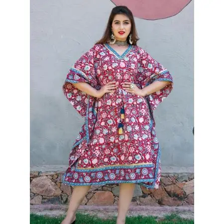 Indian Block Print Kaftan Long Women Apparel Sexy Short Sleeve V-Neckline Beach Embellished Indian Block Print Kaftan