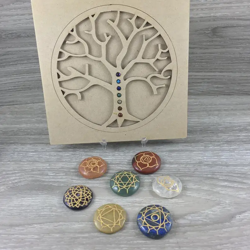 
High Quality Engraved Round Shaped Seven Chakra Reiki Set | Engraved 7 Chakra Set With Wooden Tree Life Gift Box 