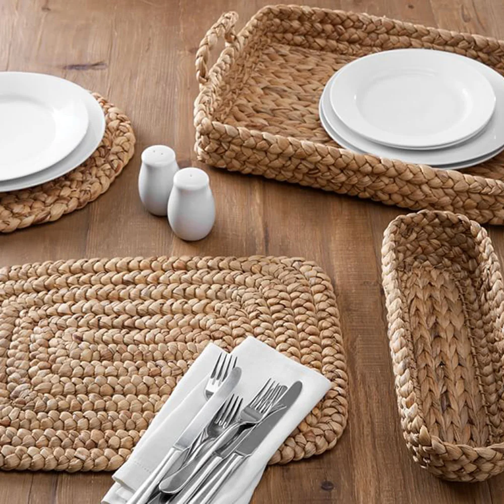 Exquisite Large Woven Water Hyacinth Basket Tray/ Serving Tray with Handles
