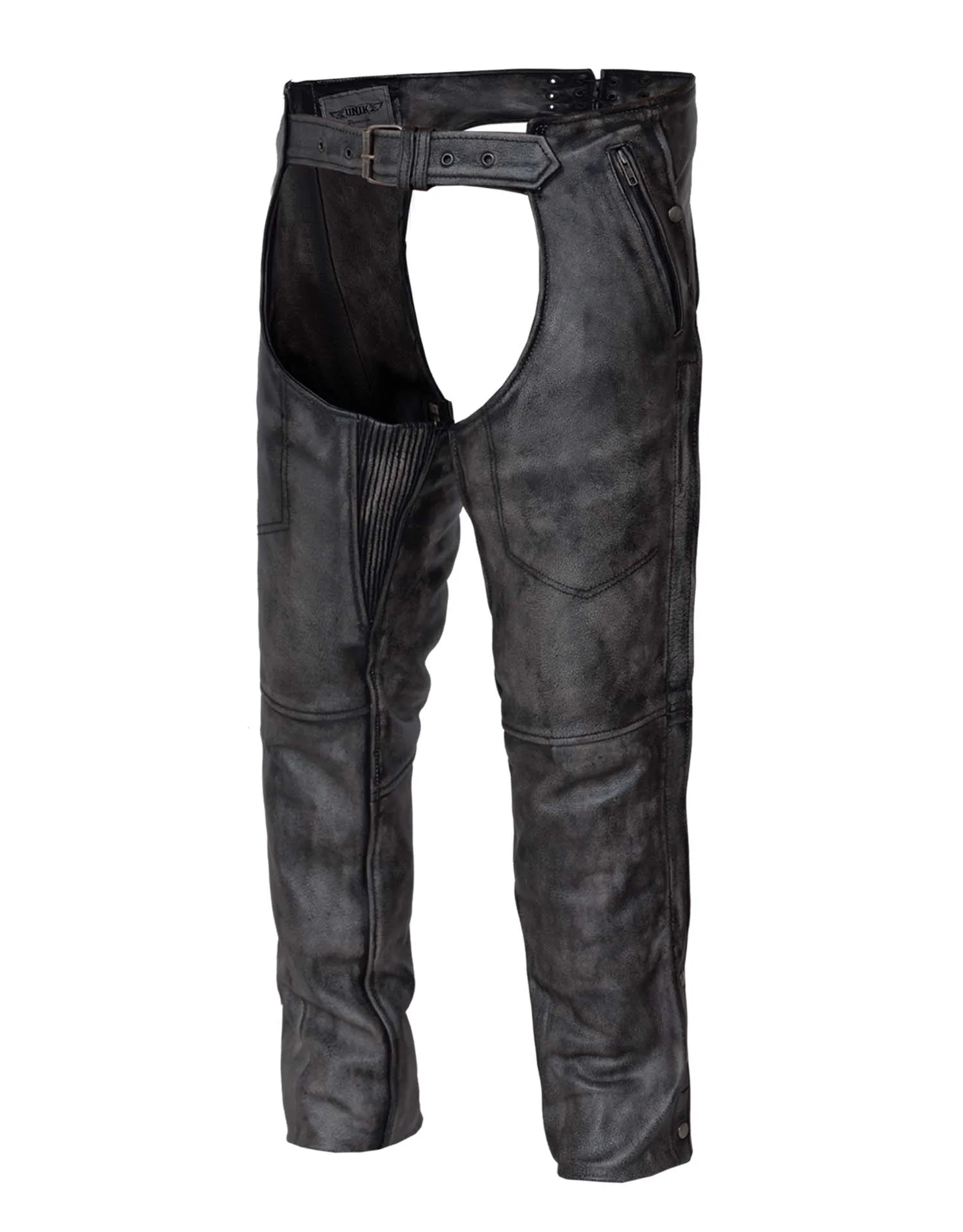 
High Quality Leather Biker Chaps with Inner Thigh Stretch Panel for Optimal Fit (Zq-05) 