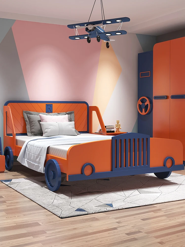 New Design Orange Color Race Car Bed Children Furniture Sets Bedroom Modern Solid Wood Single Bed Kids Wooden Furniture Sets