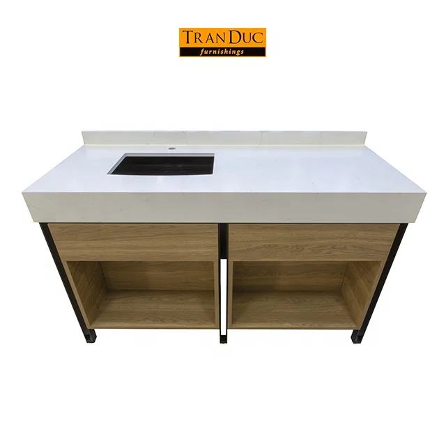 
Wooden hotel bathroom vanity with marble surface in white - hotel furniture 5 star 