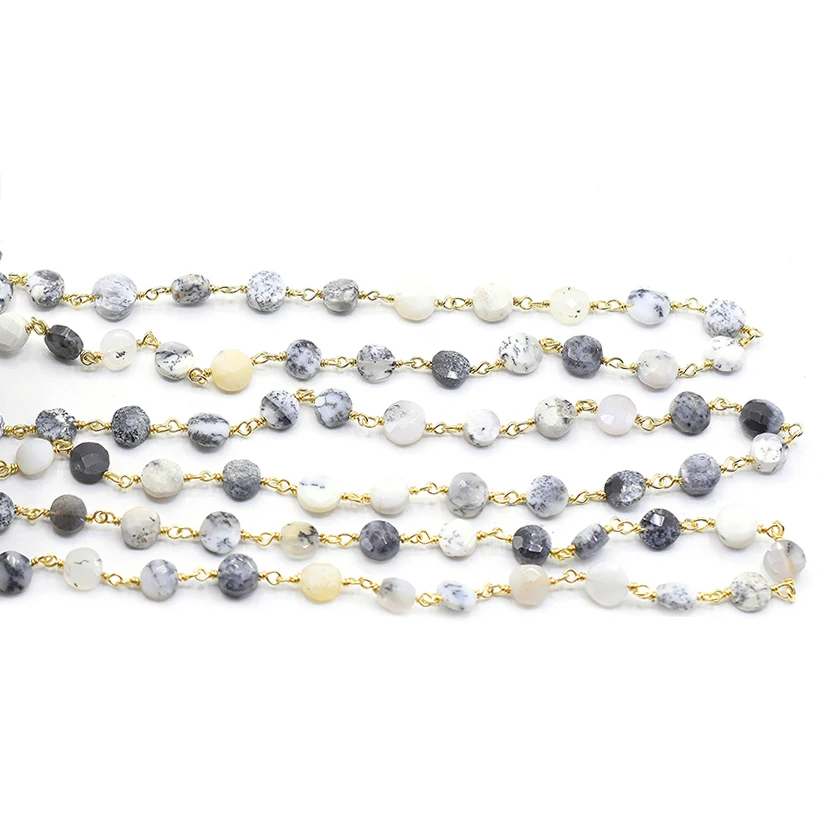 Dendritic Opal Coin Shape, Gold Plated 925 Sterling Silver Rosary Wire Wrap Chain Jewelry.