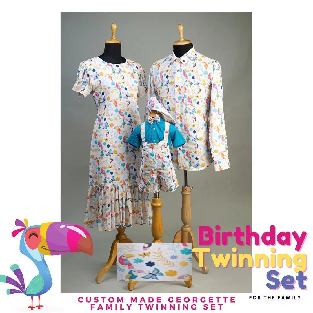 Toucan-Butterfly Theme Coordinating outfits Custom Made Family matching Outfits for family Pure Designer Fabric Party Wears