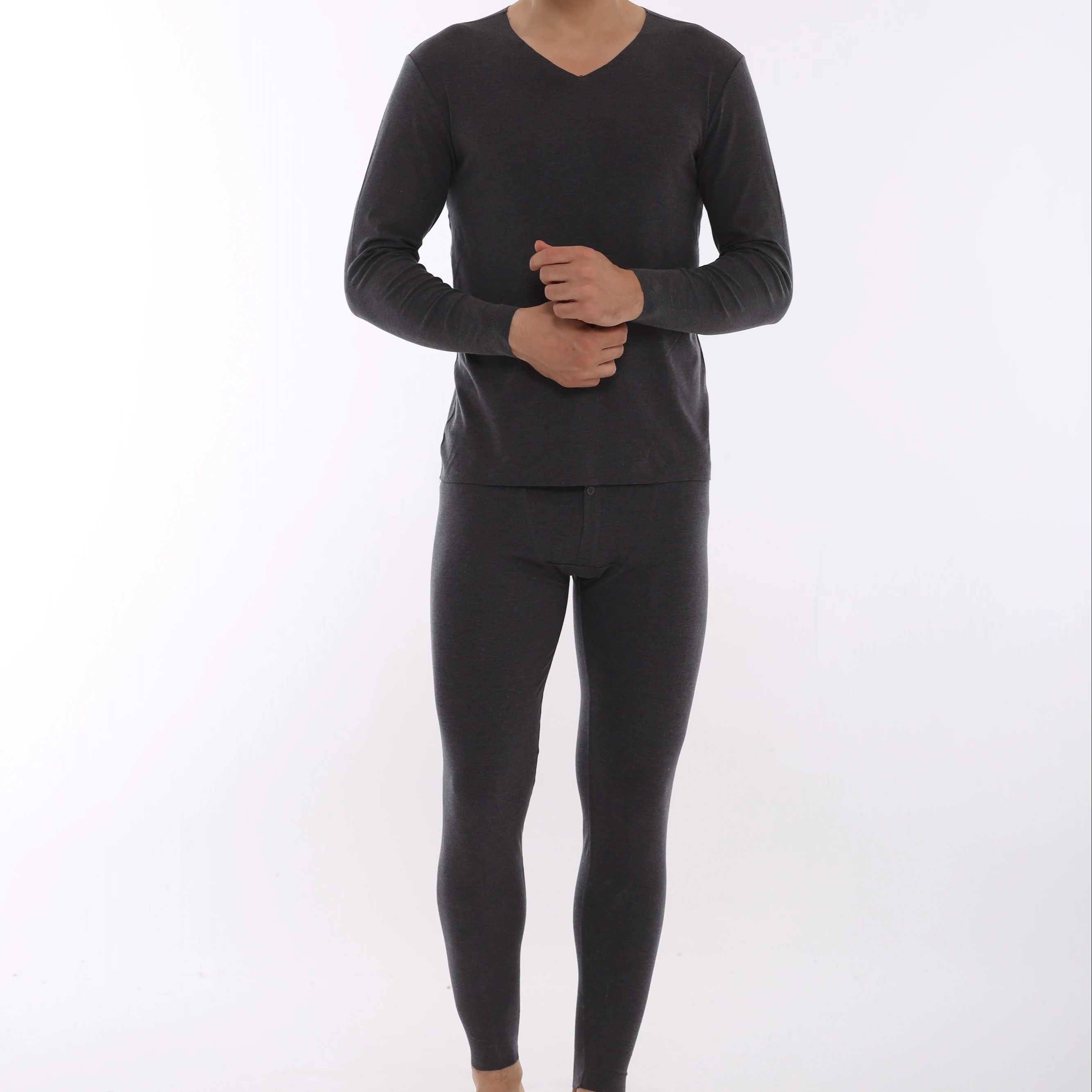 
Modal Easy Cut V-neck Collar Cozy Cotton Long Sleeve Shirts Underwear Set Lingerie Set Men Viscose Cotton Spandex Dark Gray 