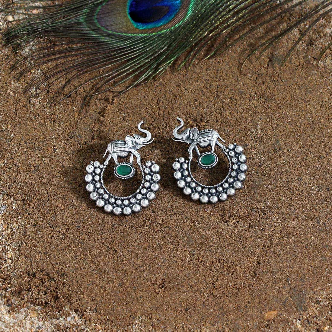 Latest Exclusive Designer Fashion Jewellery Light Weight Glass Stone Oxidised Earring With Elephant Charms Silver Plated