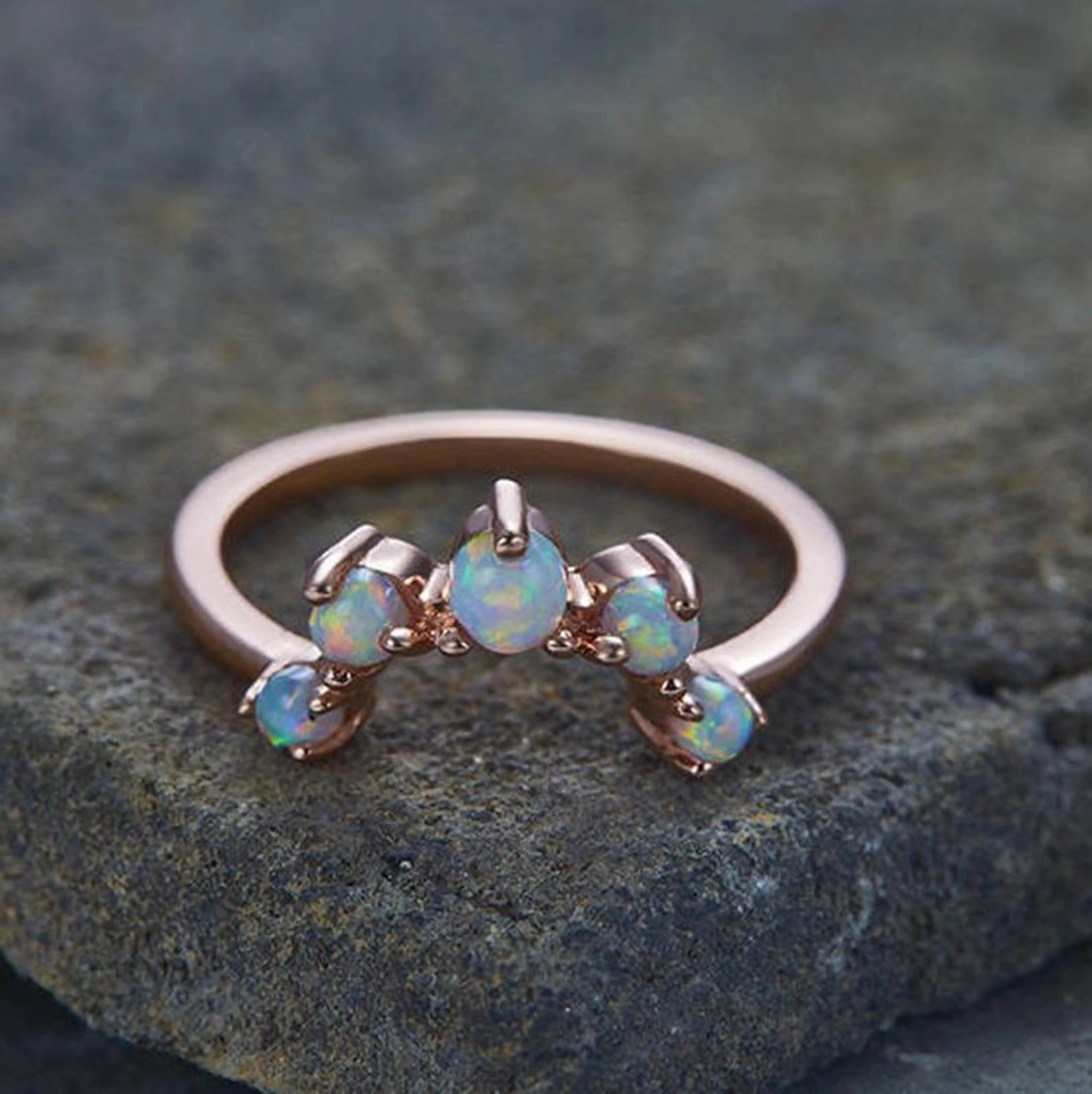 Натуральный опал кривая обручальное кольцо с опалом для штабелирования шеврон покрытием из розового золота 925 стерлингового серебра ручной работы ювелирные изделия