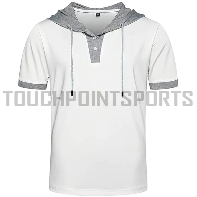 OEM custom mens half zip brown short sleeves sport running summer hoodie with fixed hood