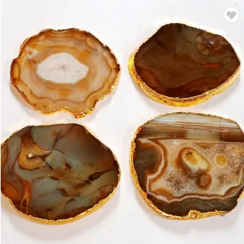 Brown Agate Coasters With Silver or Gold | Stone Coasters | Quartz Coasters | Wholesale