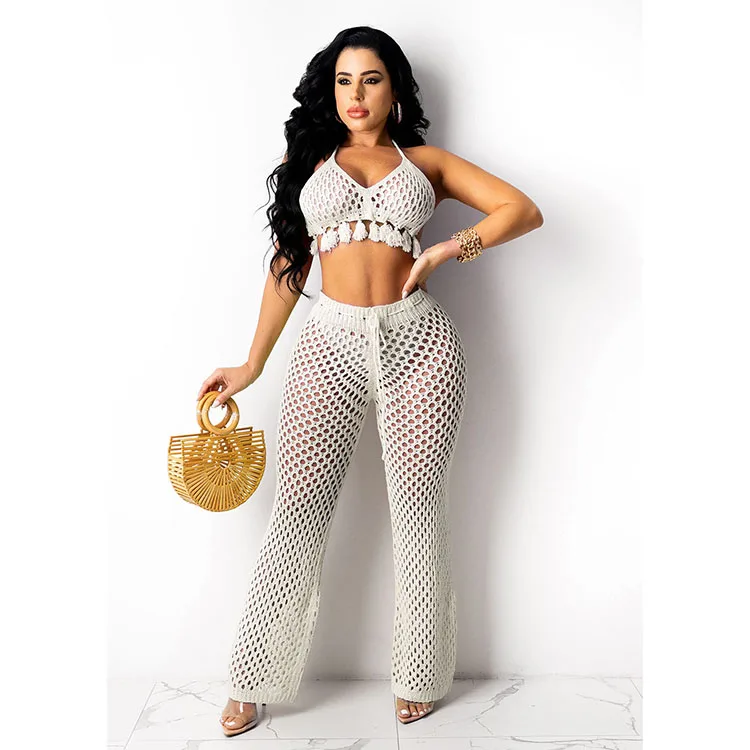 Wholesale 2022 Summer Fashion Cross Halter Beach Crochet Top and Pants 2pcs Set