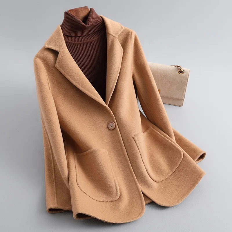Wholesale Wool Pea Coats For Ladies Turn Down Collar Cashmere Trench Coat