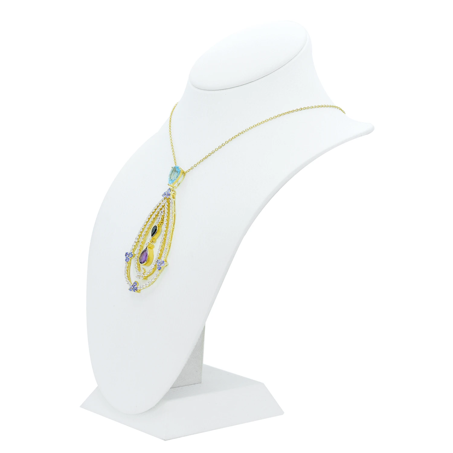 Ожерелье из серебра 14 к с голубым топазом и камнем разными листьями белым цирконием