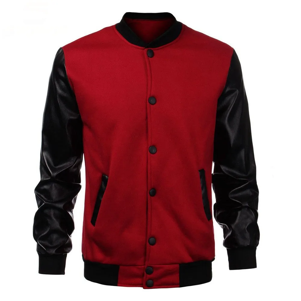 Cool Men Wine Red Baseball Jacket Autumn Fashion Slim Black Sleeve Bomber Jacket Men Brand Varsity Jackets
