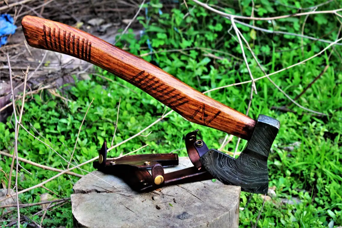 Damascus Steel Axe Handmade Hunting Viking Axe hand carved axe beautiful handle carved