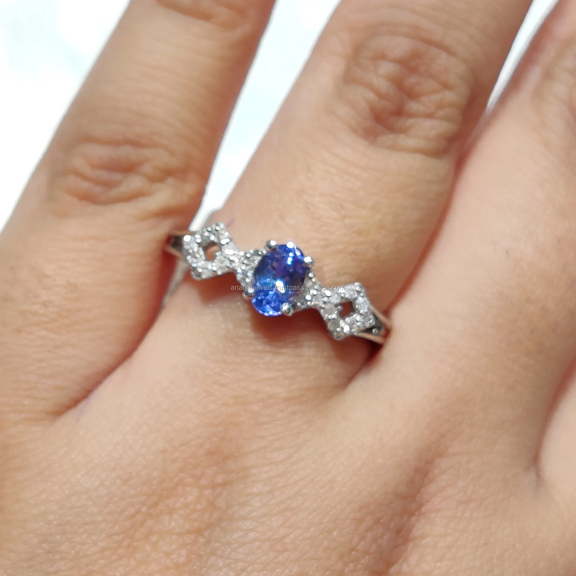 Royal Blue Tanzanite 925 Sterling Silver Diamond Ring Semi Precious Gemstone Ring