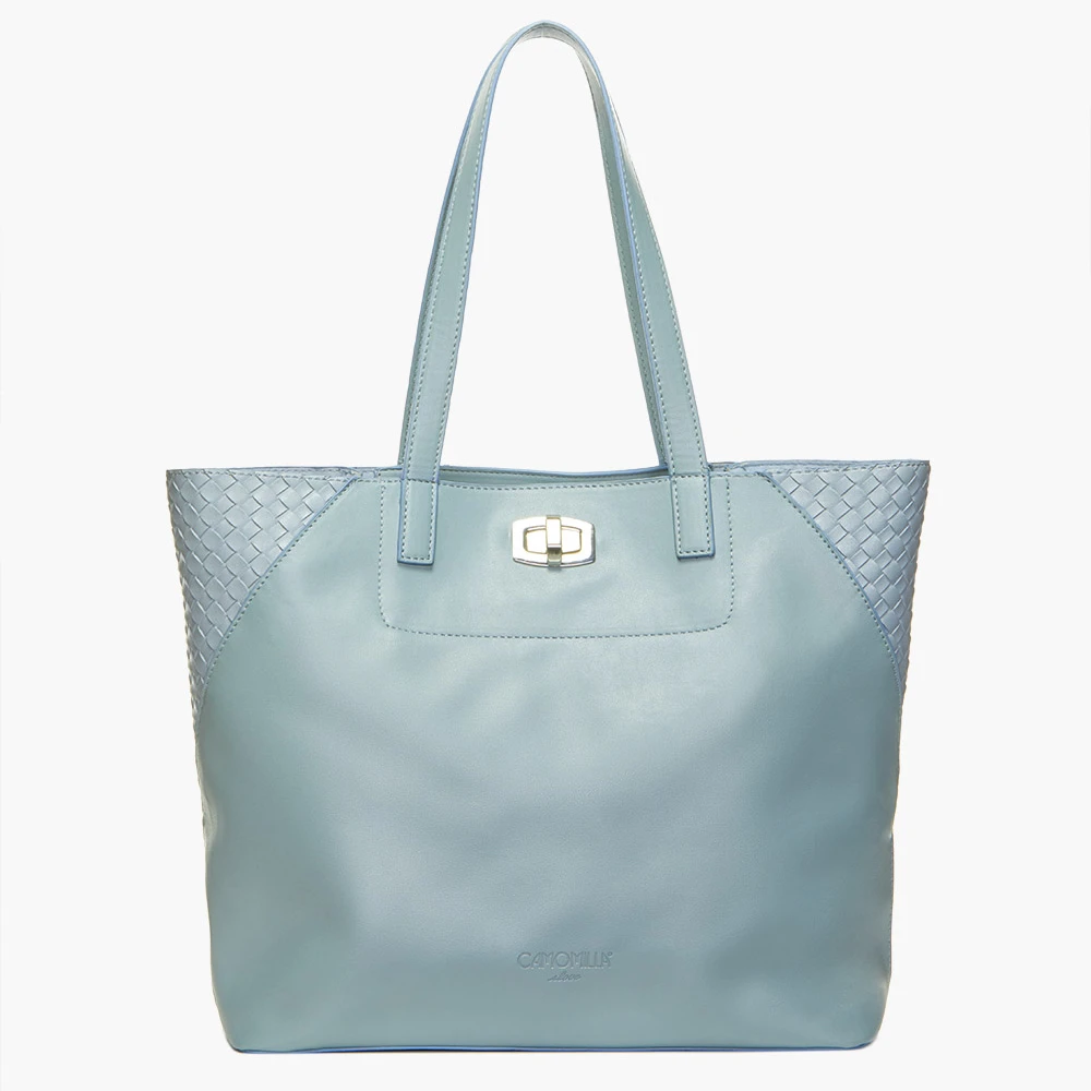 PU Shopping Bag with Braided Corners | Light-Blue Tote | Women Accessories | Italian Style