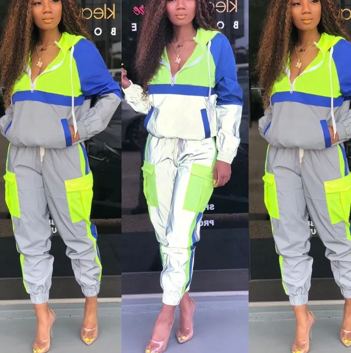 Women autumn casual ladies jogger set neon green Two Piece Set Windbreaker Tracksuit girls