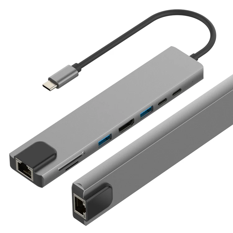 8 in 1 USB Type C Port Hub to HDMI+USB-A+SD Card+MicroSD+Ethernet Port Converter Adapter
