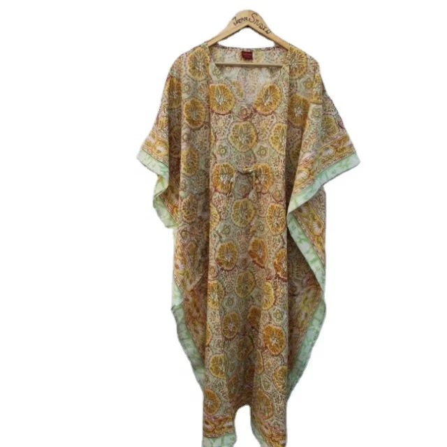 Indian Hand Block & Floral Printed Cotton Pario Woman Free Size Tunic Gown Dress Caftan