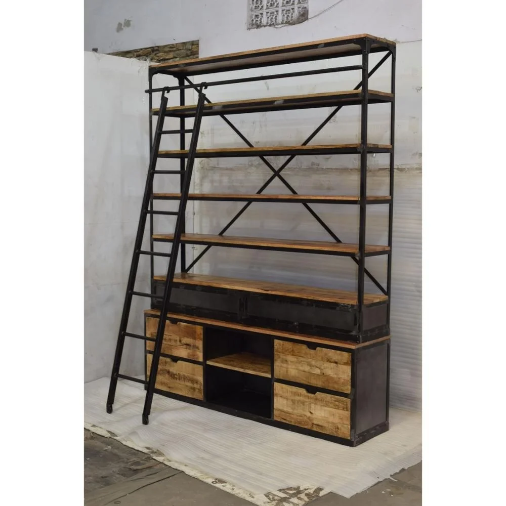 Industrial Antique American Tall Wide Iron Wooden Display Library School Collage Home Living Room BookShelf