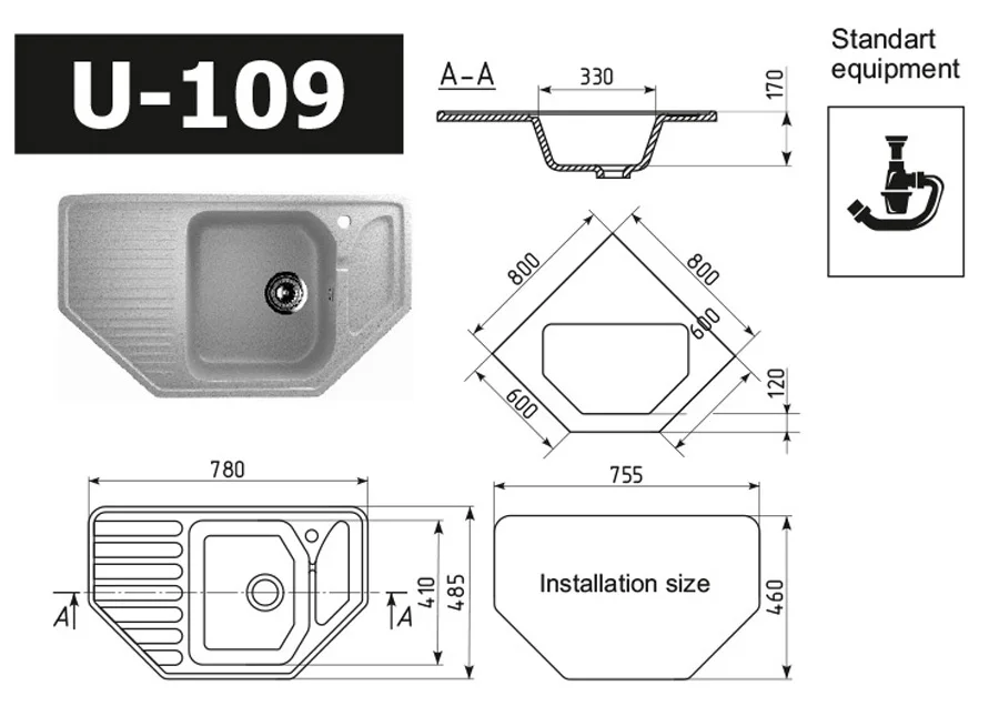 Top quality composite kitchen sink ULGRAN U-109 artificial stone, sink