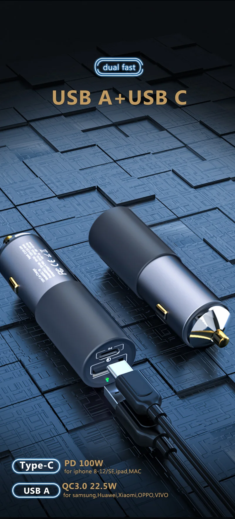 Заводская поставка Горячая Распродажа usb c тонкая высокая мощность 100 Вт быстрая зарядка автомобильное зарядное устройство pd pps qc3.0 Автомобильное type для ноутбука