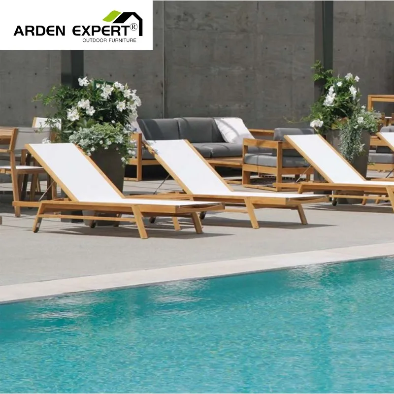 Outdoor Teak Furniture Waterproof Fabric Wood Sun Lounger Poolside Teak Sunbed