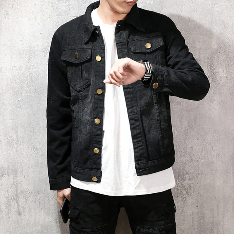  Джинсовая куртка мужская в стиле хип-хоп уличная одежда из денима классическая черная облегающая повседневная вареная джинсовая 4XL на осень